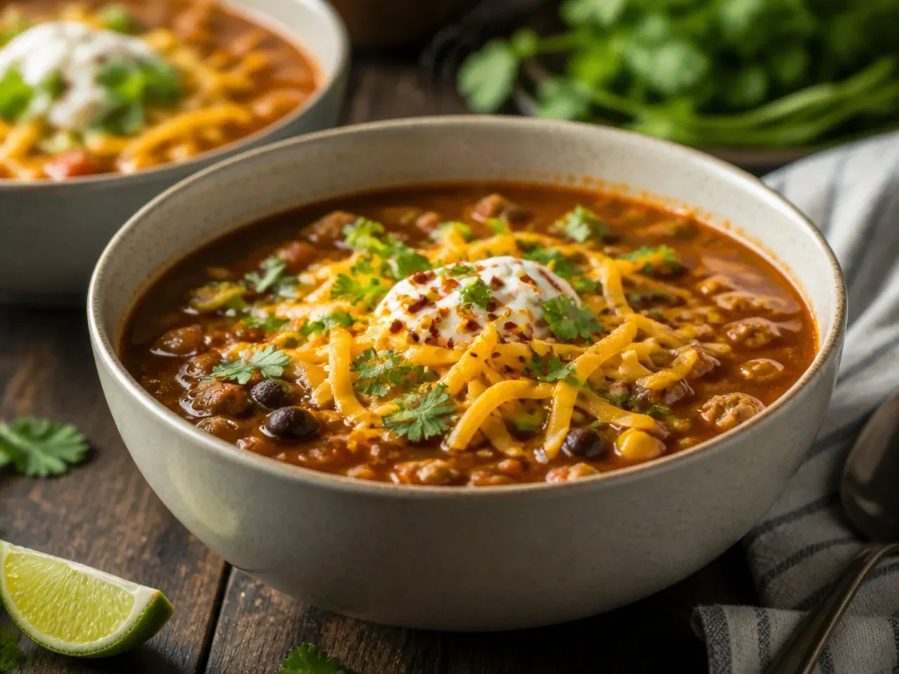 Shredded cheddar cheese being sprinkled over a hot bowl of taco soup, melting on contact