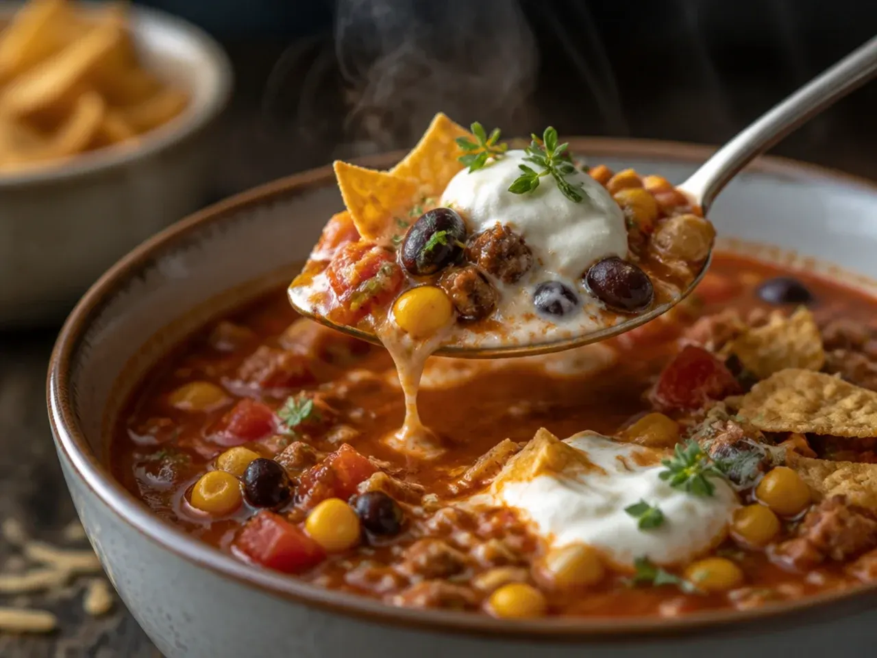 A dollop of sour cream being swirled onto a bowl of taco soup with a spoon