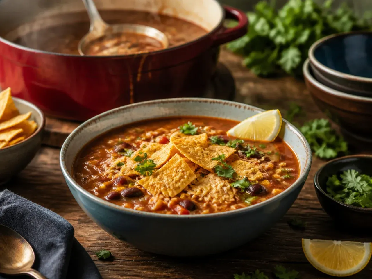 Crushed tortilla chips being sprinkled over a finished bowl of taco soup at the table