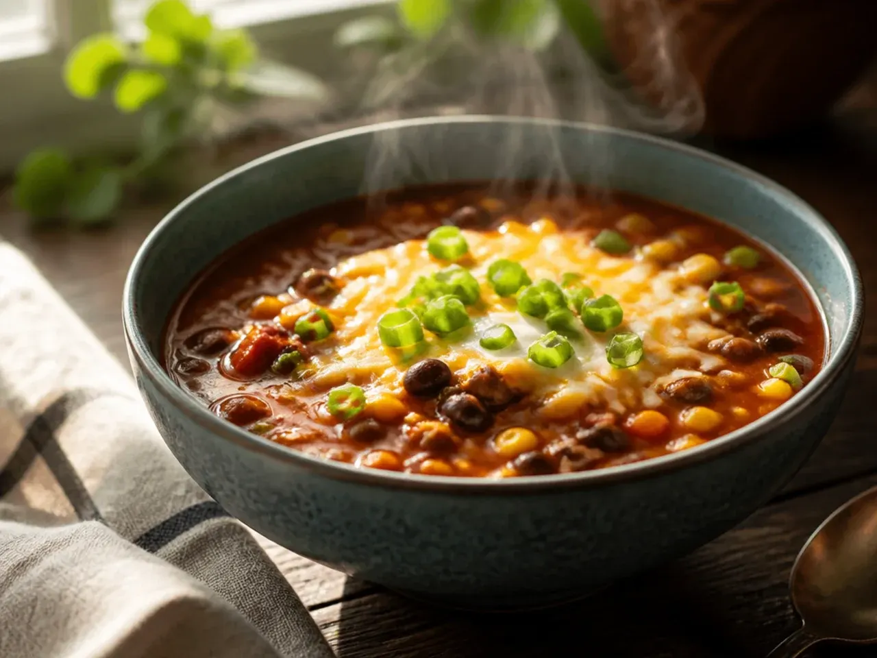 Leftover taco soup being reheated in a saucepan with a splash of stock being stirred in