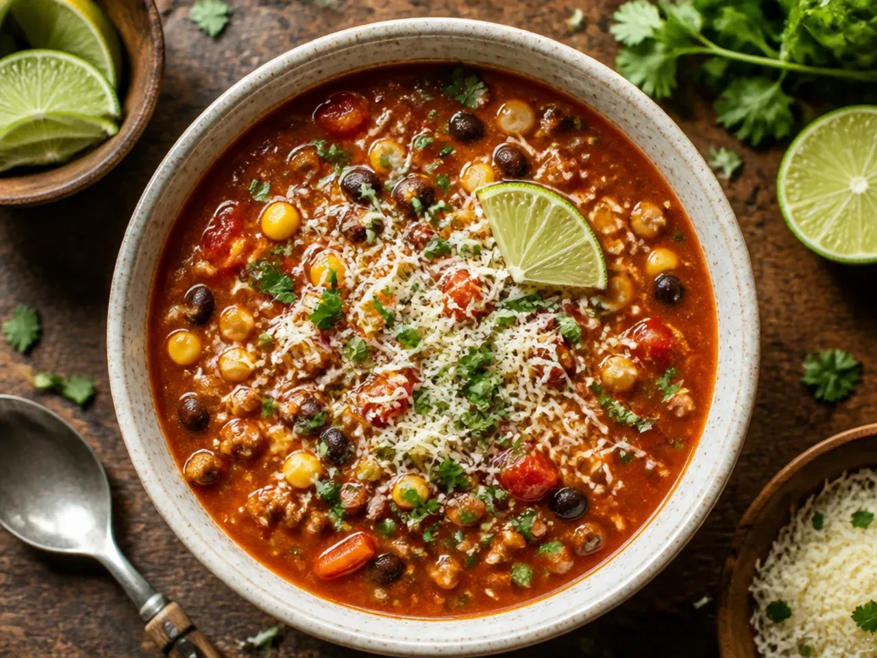 A lime wedge being squeezed over a finished bowl of taco soup garnished with coriander