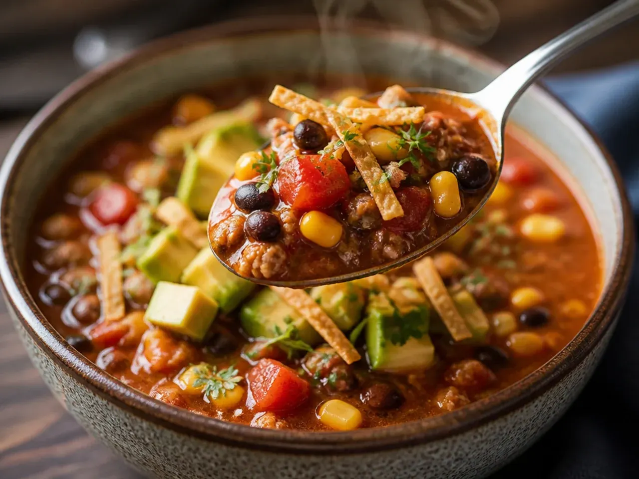 A large double batch of taco soup in a big pot being ladled into individual freezer containers