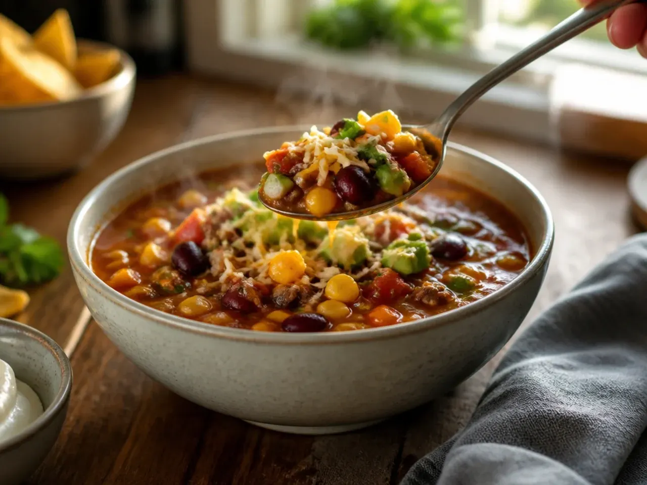 A cosy table setting with a full pot of taco soup and bowls ready to be served