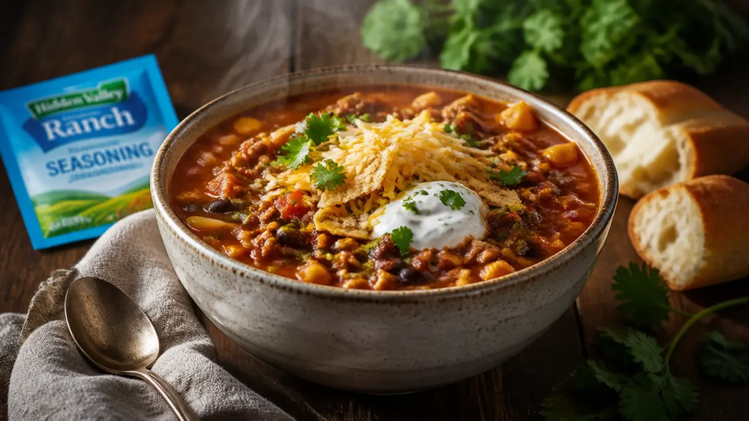 Overhead shot of a bowl of taco soup with ranch packet, topped with melted cheddar, soured cream and fresh coriander