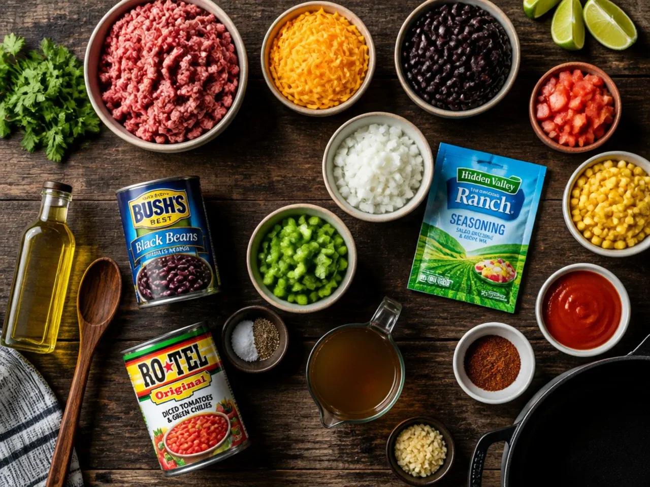 Close-up of taco and ranch seasoning packets being stirred into browned ground beef in a pot