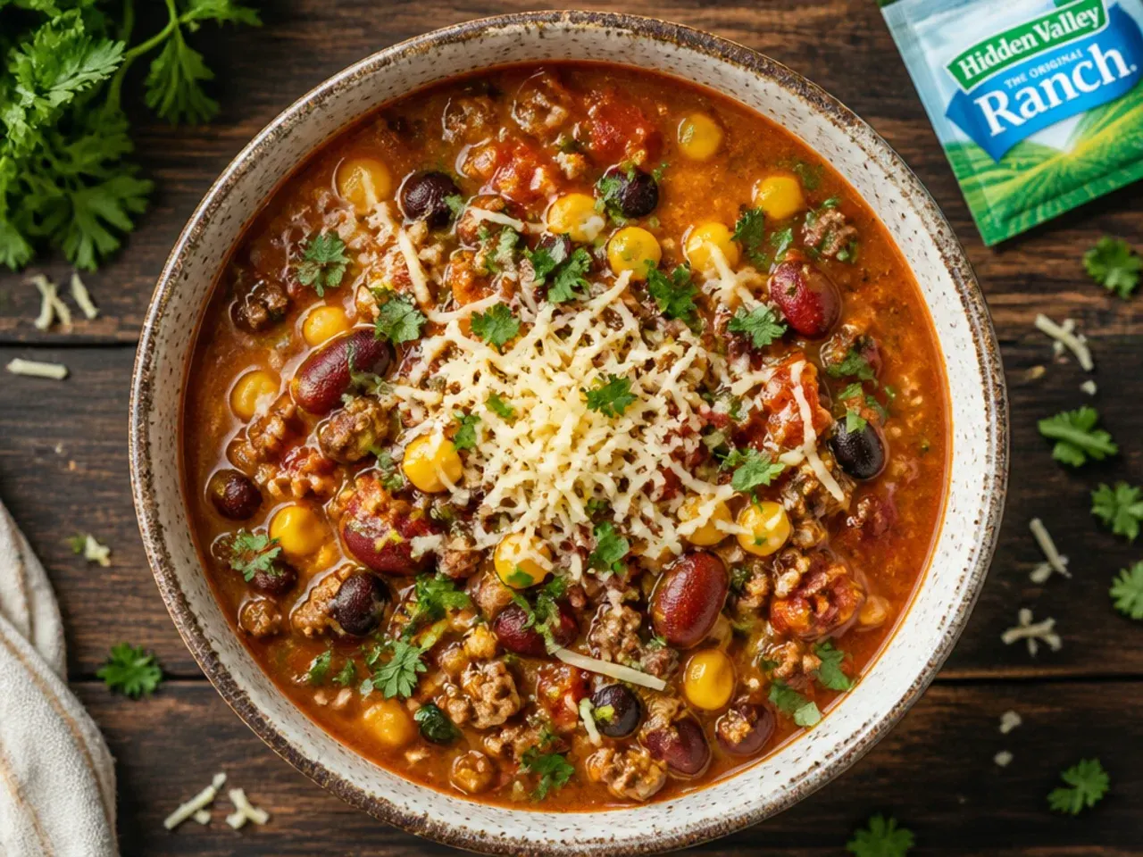 Glass meal-prep containers filled with taco soup with ranch packet, ready to store in the fridge or freezer