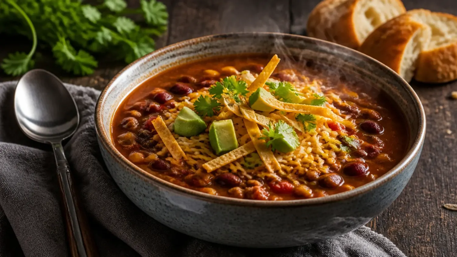 Bowl of taco soup topped with melted cheese, soured cream, and crushed tortilla chips
