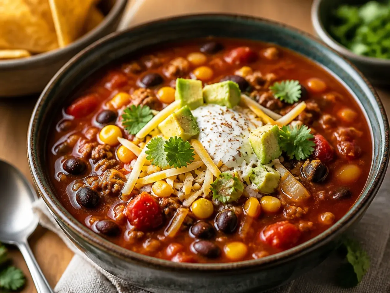 Overhead shot of a pot of taco soup simmering with beans, corn, and tomatoes