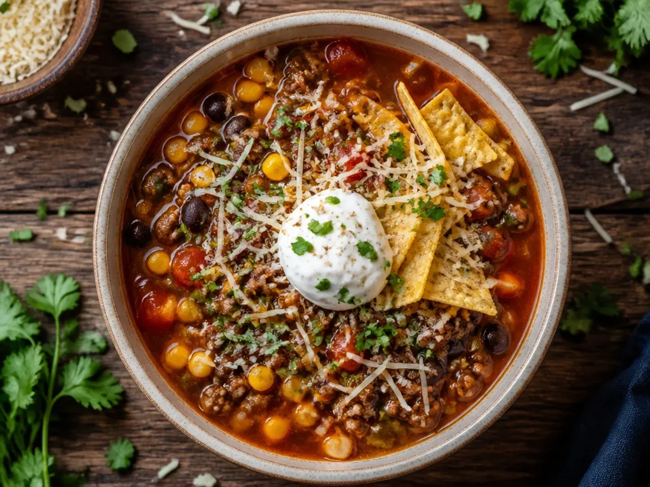 Classic ground beef taco soup in a white bowl with cheese on top