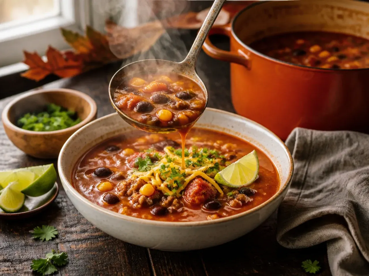 Mug of cozy spiced taco soup with a swirl of soured cream