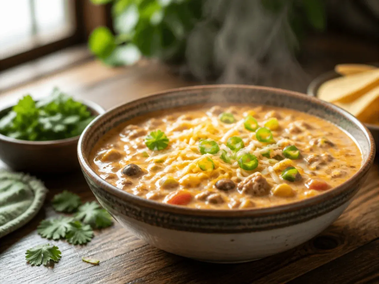 Creamy taco soup with a swirl of melted cream cheese through the broth