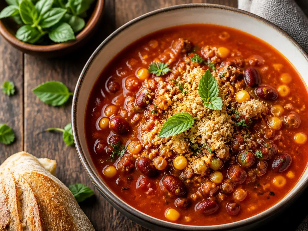 Simple five-ingredient taco soup in a rustic bowl