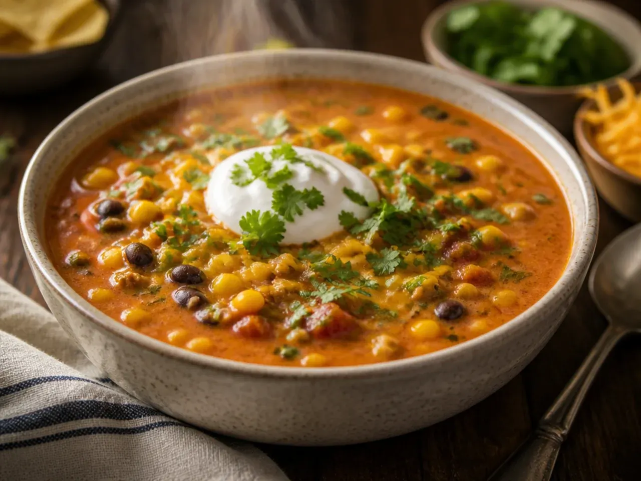 Cheesy taco soup with melted queso stirred through and cheese on top