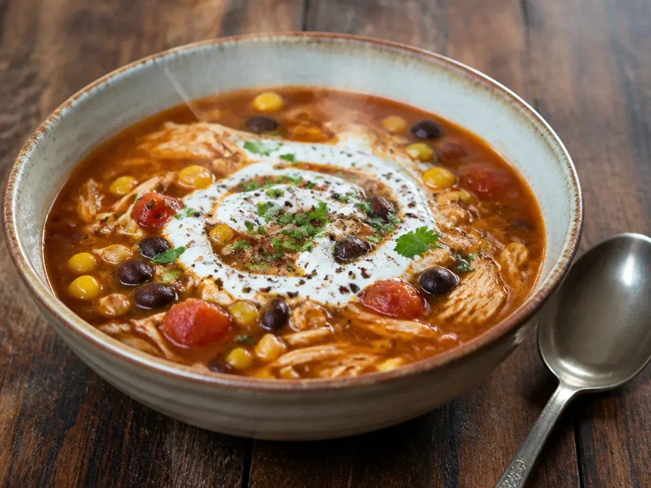 Comforting shredded chicken taco soup in a rustic bowl