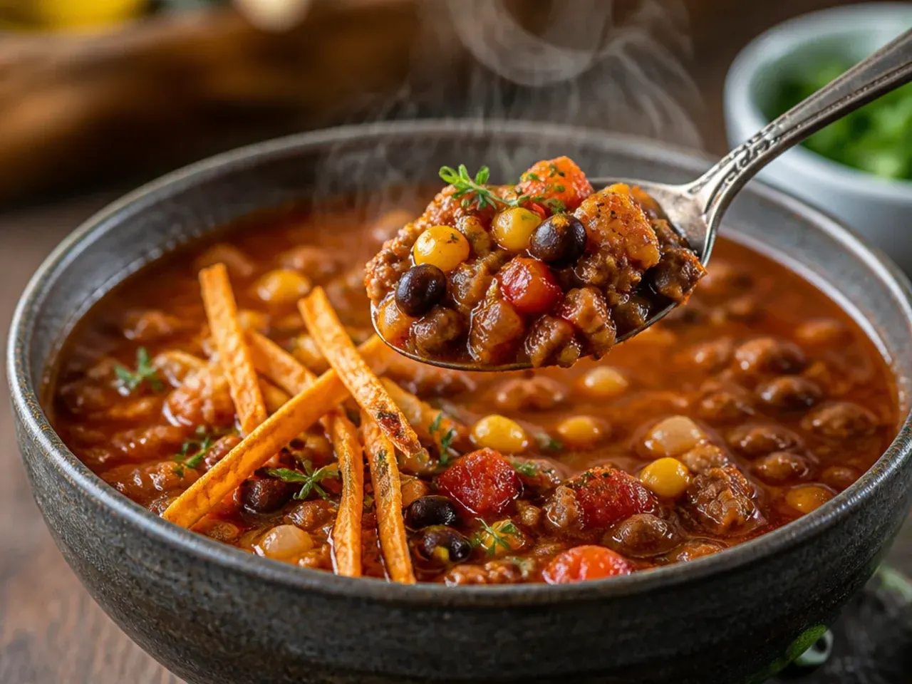 Rustic fire-roasted taco soup with chunky vegetables