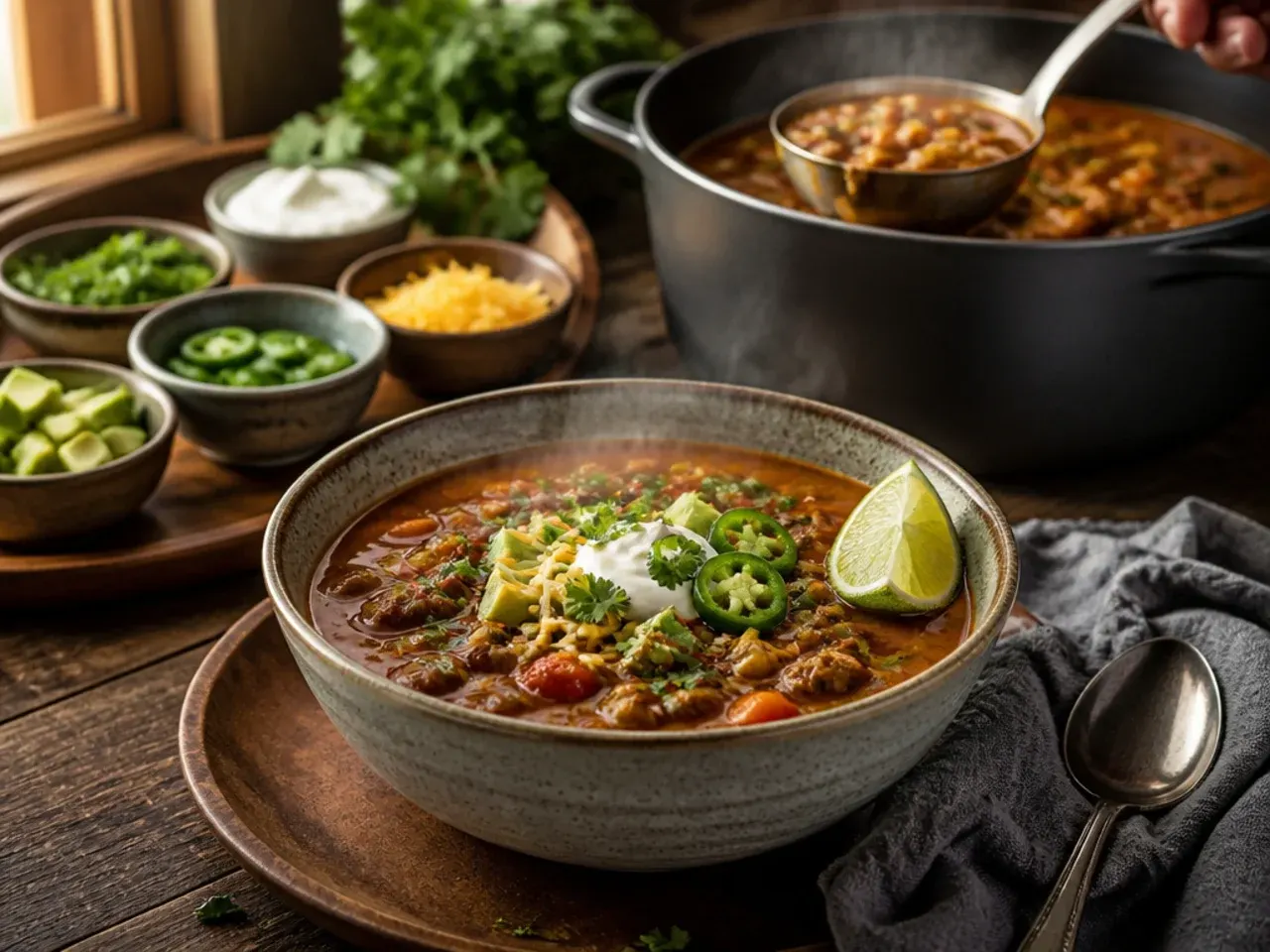 Loaded taco soup bar with bowls of toppings around the pot