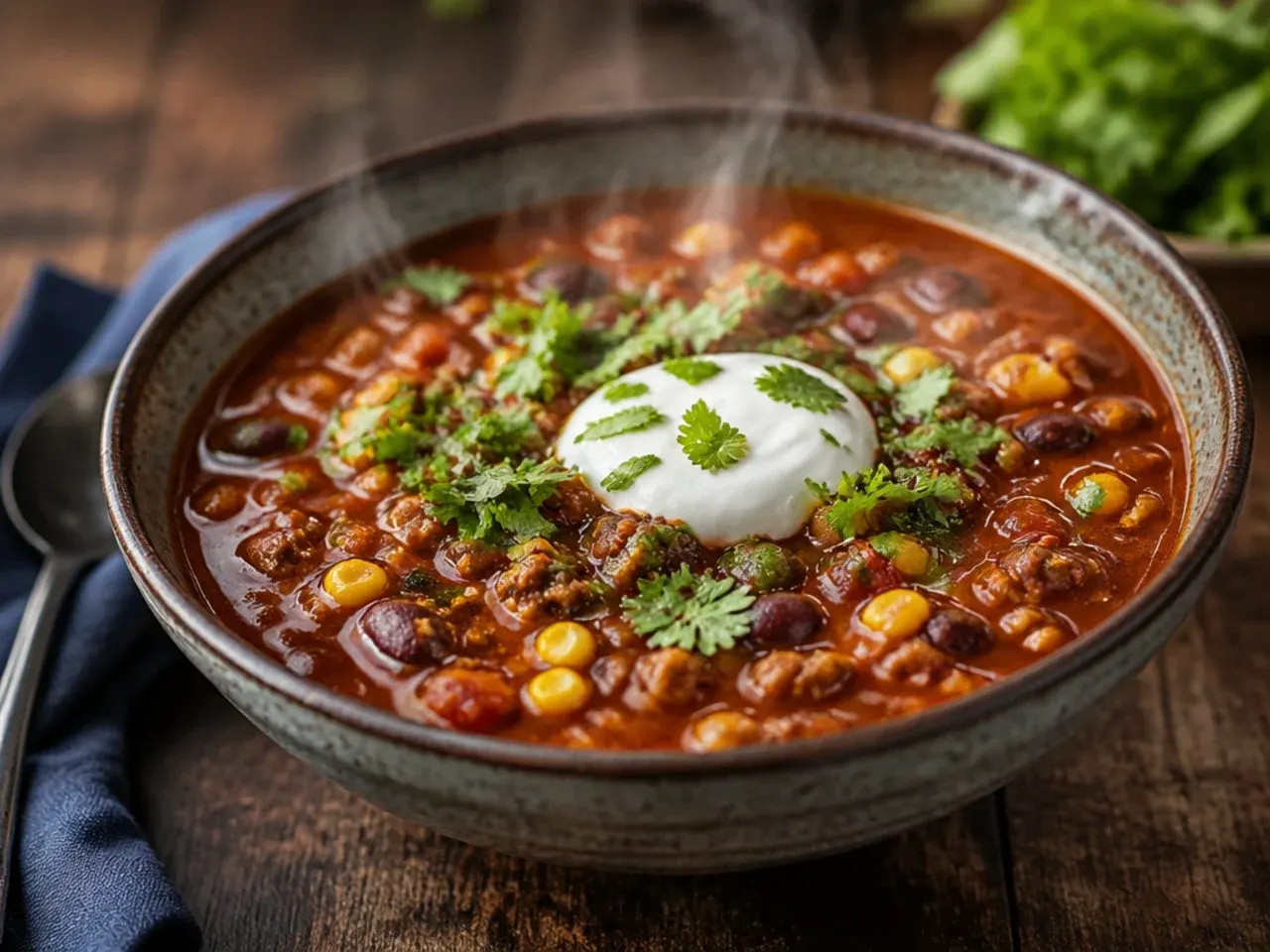 One-pot taco soup simmering in a Dutch oven
