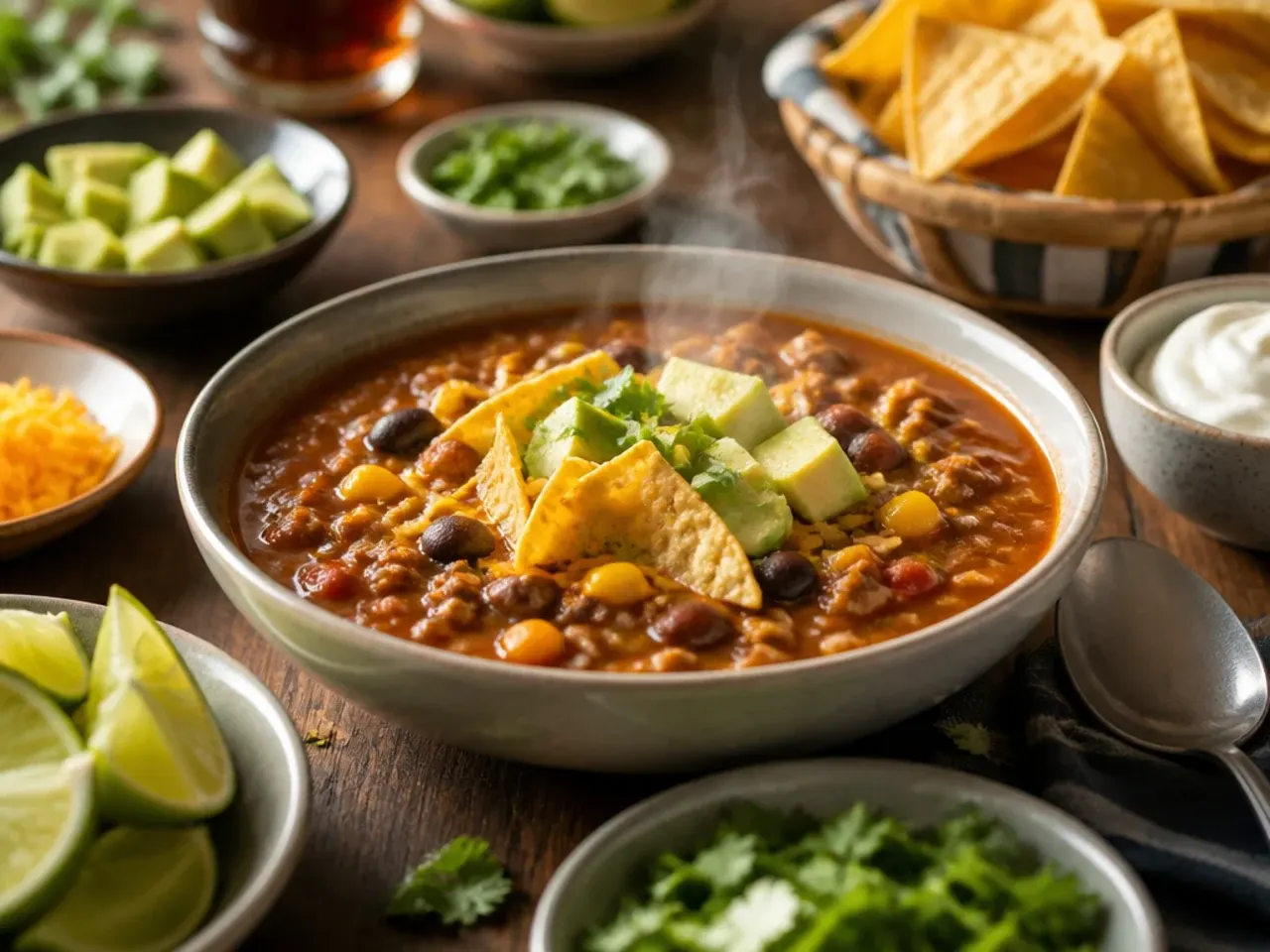 Bowl of taco soup served with cornbread on the side
