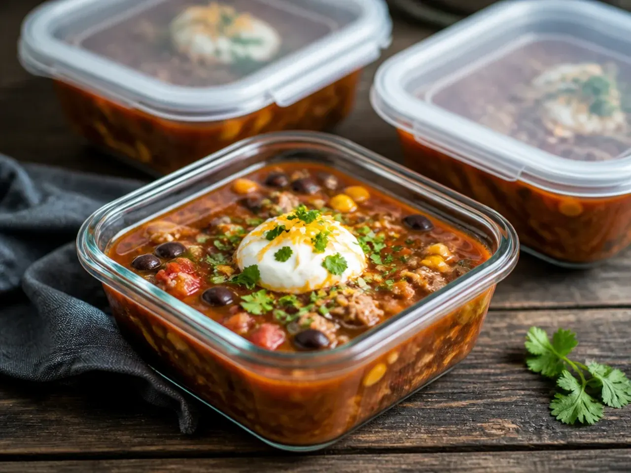 Container of leftover taco soup ready for the fridge