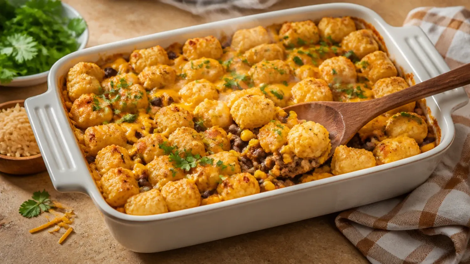Overhead shot of taco tater tot casserole in a baking dish, golden crispy tater tots on top with melted cheddar cheese and taco-seasoned beef filling underneath