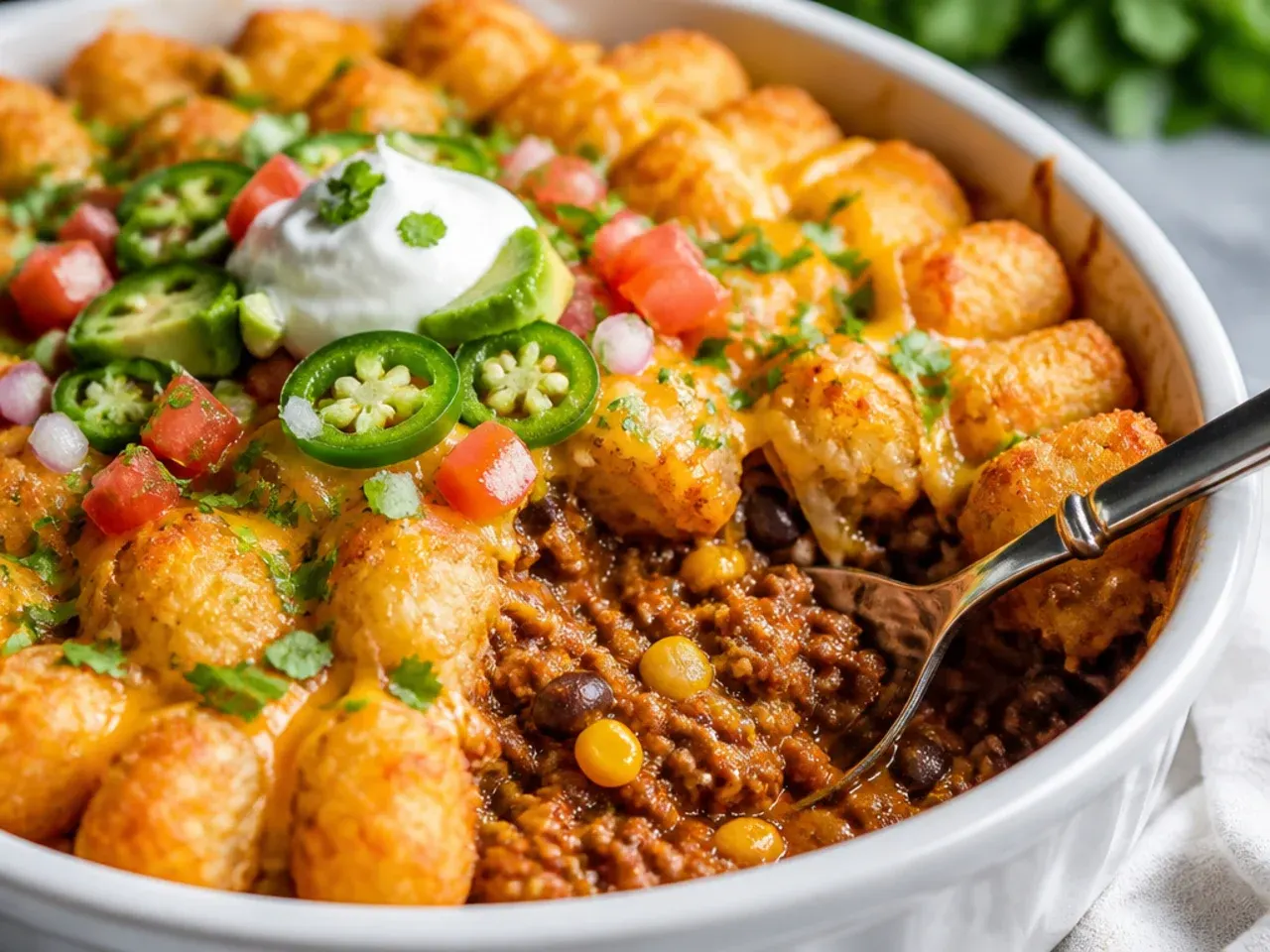 Ingredients for taco tater tot casserole laid out on a counter, including ground beef, tater tots, cheese, beans and taco seasoning