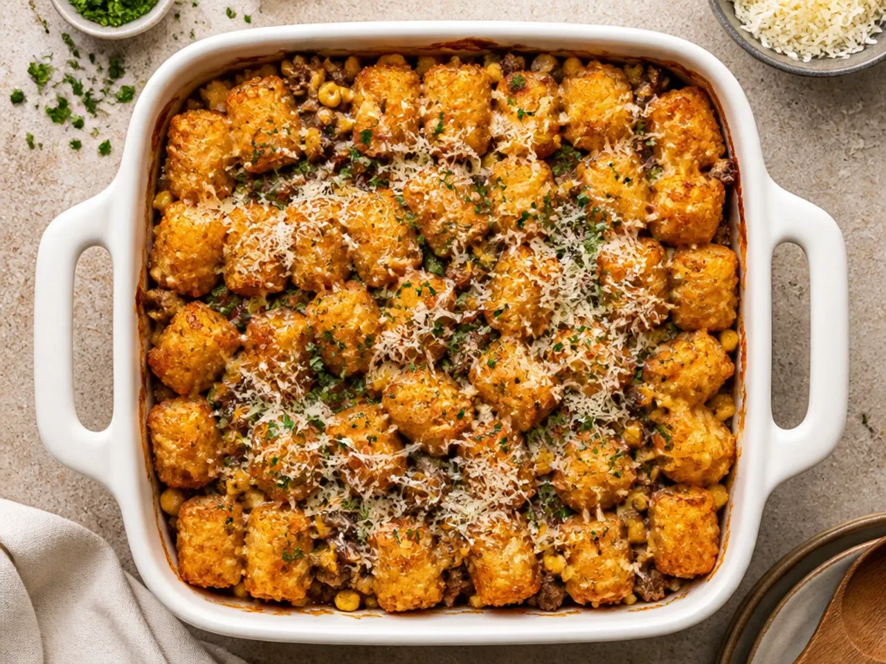 Classic taco tater tot casserole fresh out of the oven with golden crispy tots and melted cheddar