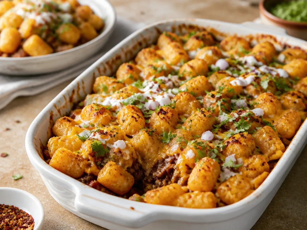 One bowl of mixed beef, cheese and sauce being spread into a baking dish for easy taco tater tot casserole
