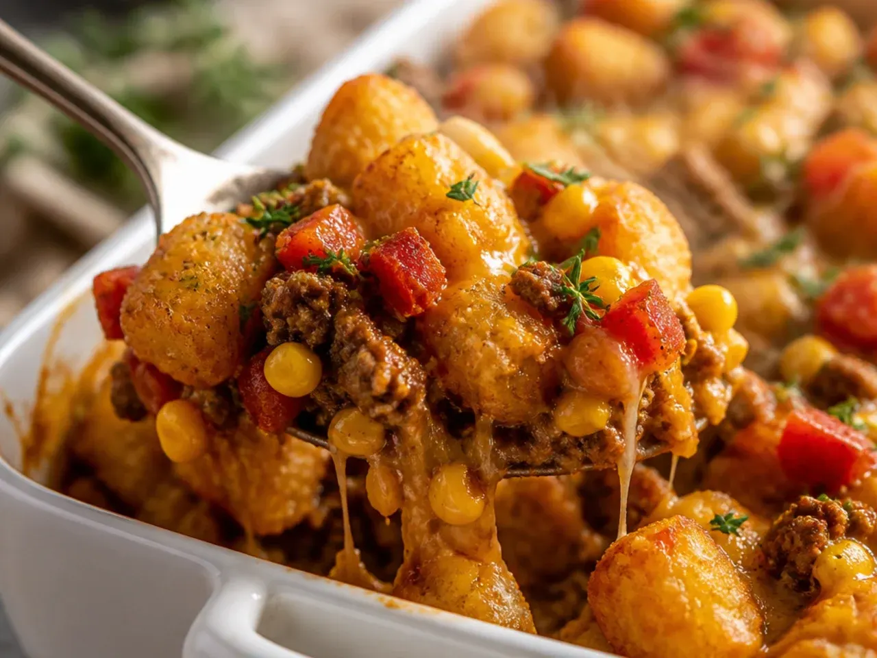 Thick slice of hearty taco tater tot casserole loaded with two kinds of beans and extra beef