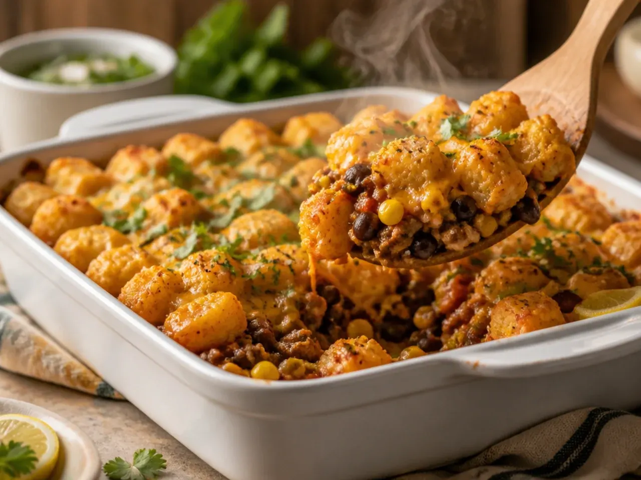 Cozy taco tater tot casserole with sweetcorn and warm spices in a rustic baking dish