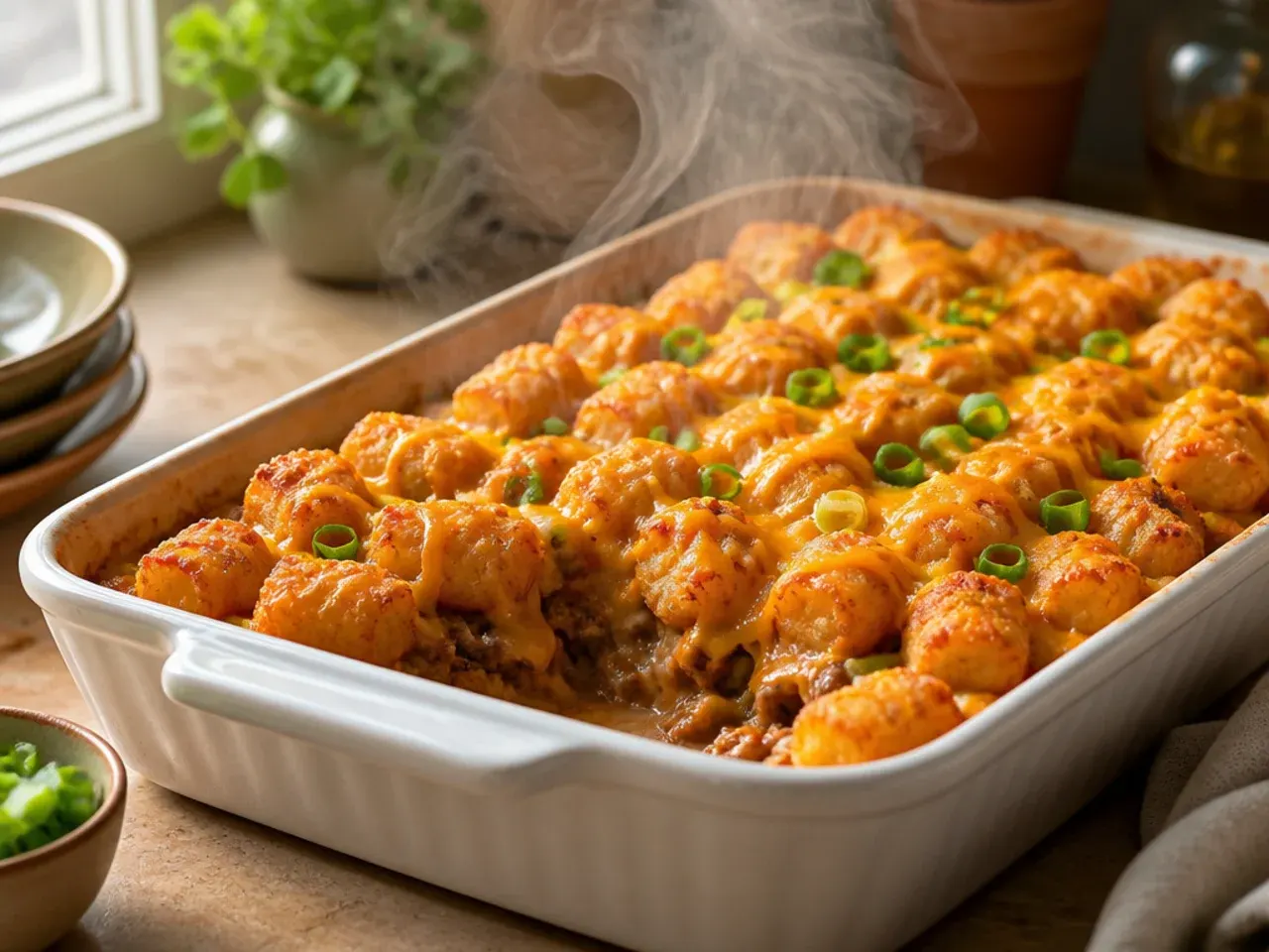 Creamy taco tater tot casserole with a spoon lifting out a rich, cheese-pull bite