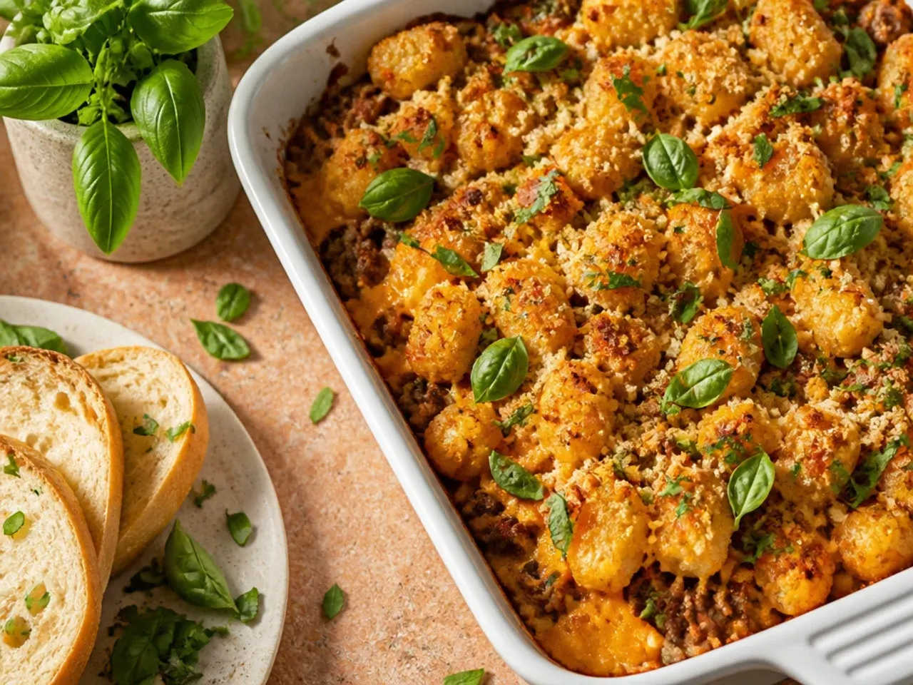 Simple five-ingredient taco tater tot casserole in a plain white baking dish