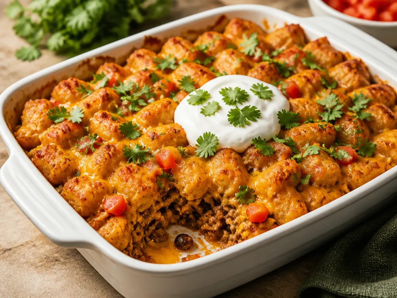 Extra cheesy taco tater tot casserole with a long cheese pull as a slice is lifted