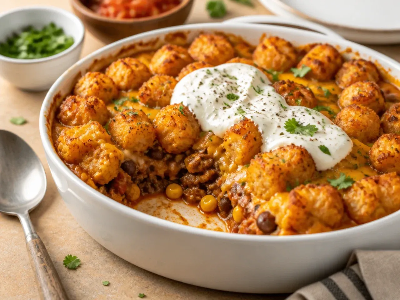 Comforting chicken taco tater tot casserole in enchilada sauce topped with golden tots