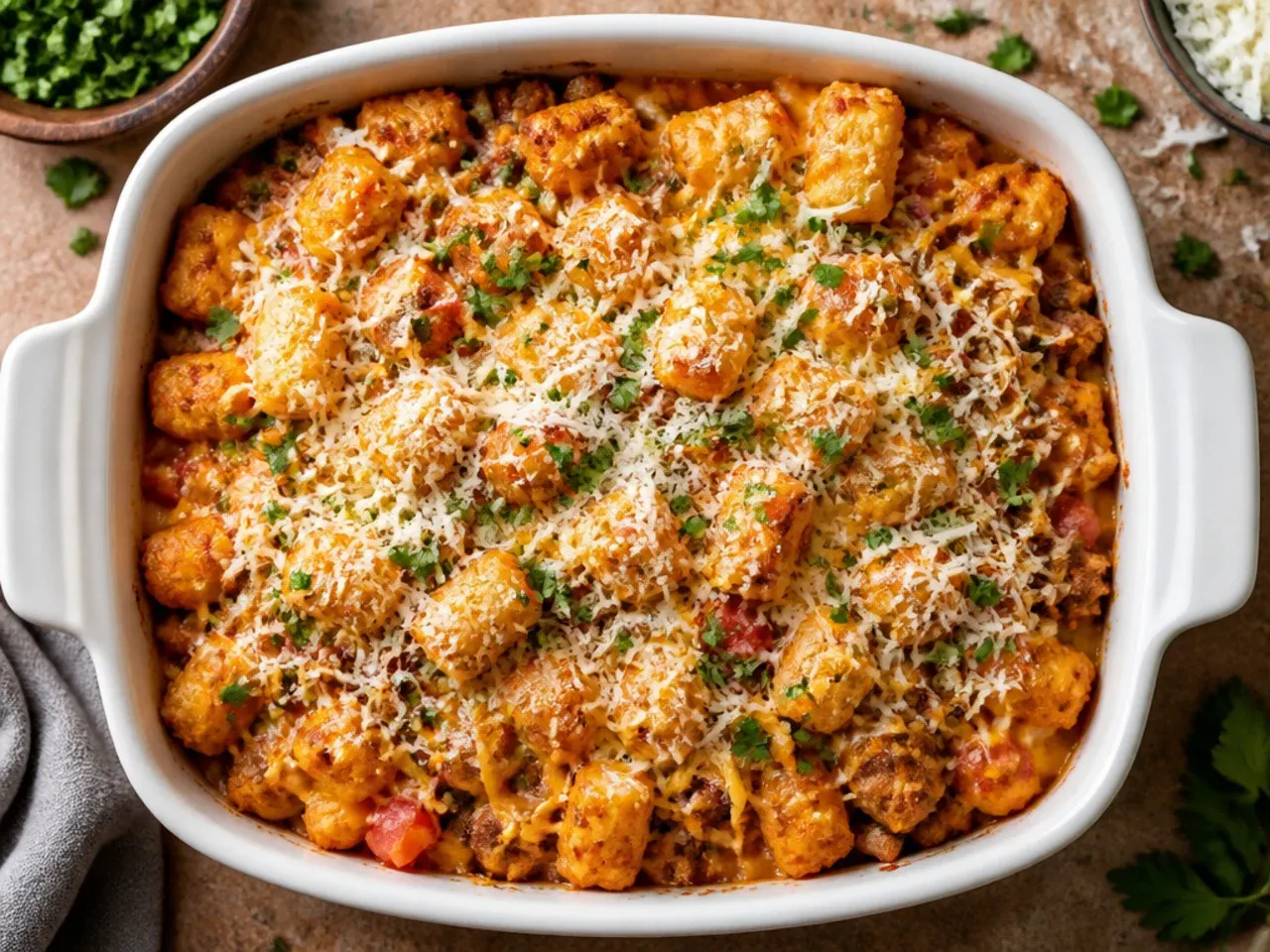 Budget-friendly taco tater tot casserole stretched with rice and refried beans