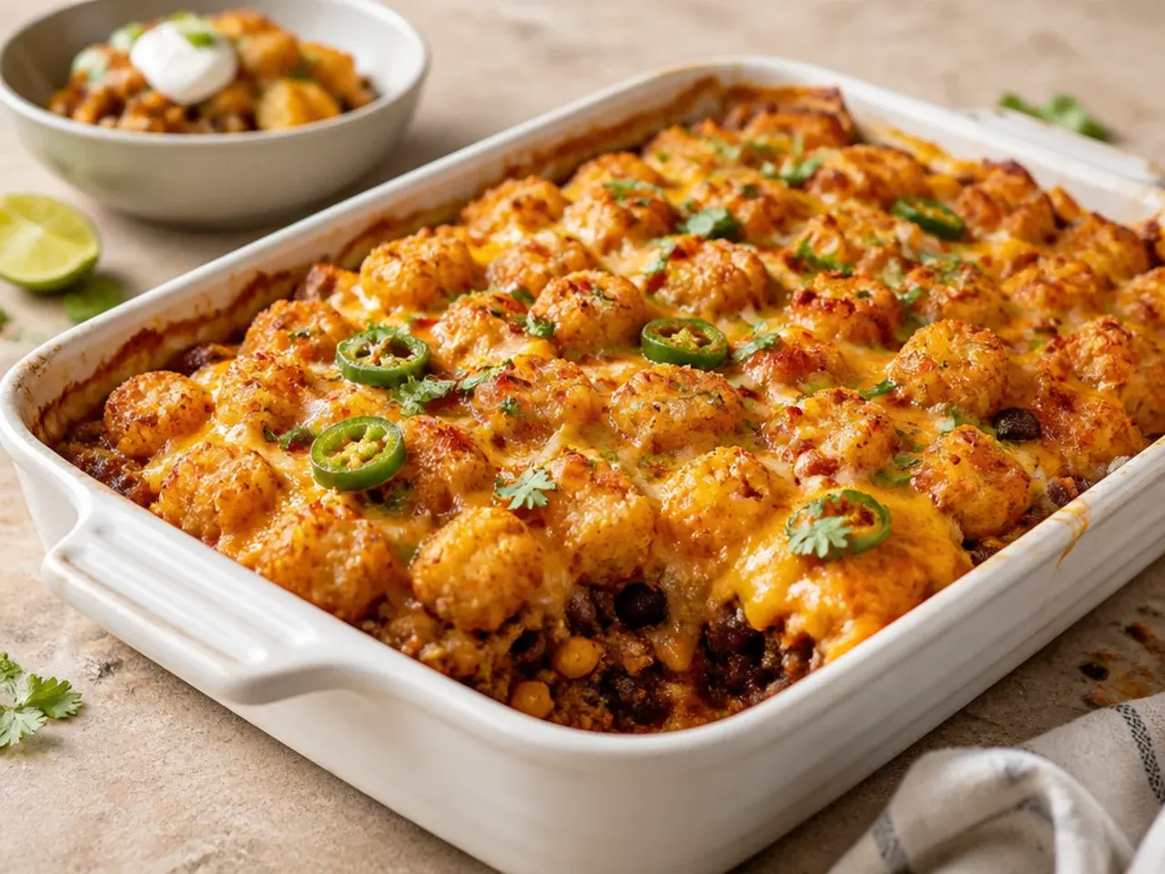Quick weeknight taco tater tot casserole assembled with pre-cooked frozen beef portions