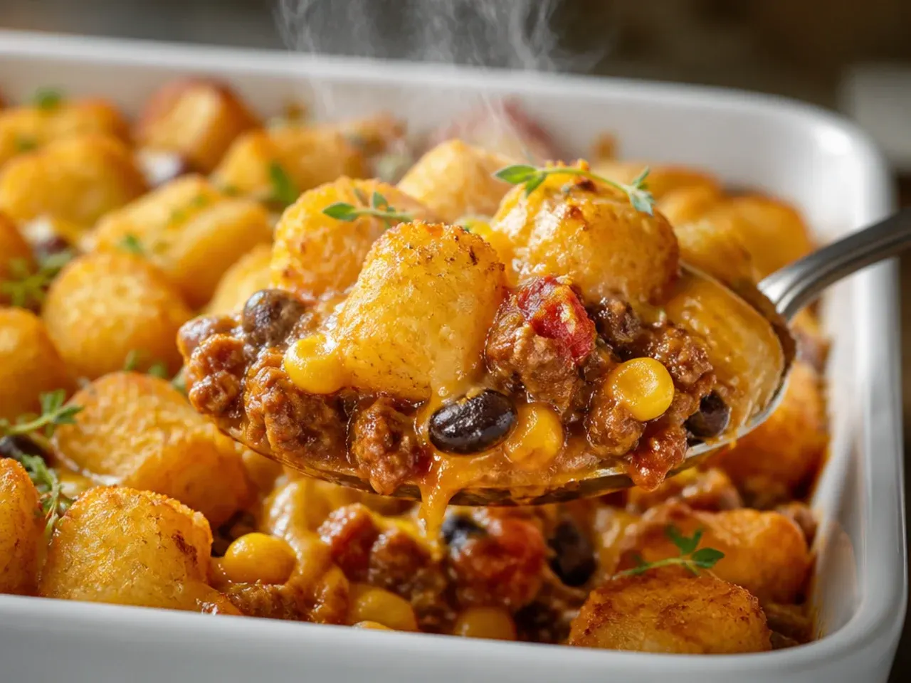Rustic taco tater tot casserole baked in a cast iron skillet with mixed potato textures