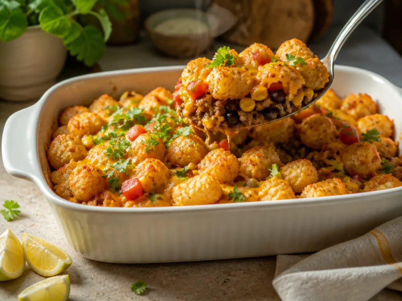 Loaded taco tater tot casserole topped with jalapeños, olives, guacamole and sour cream