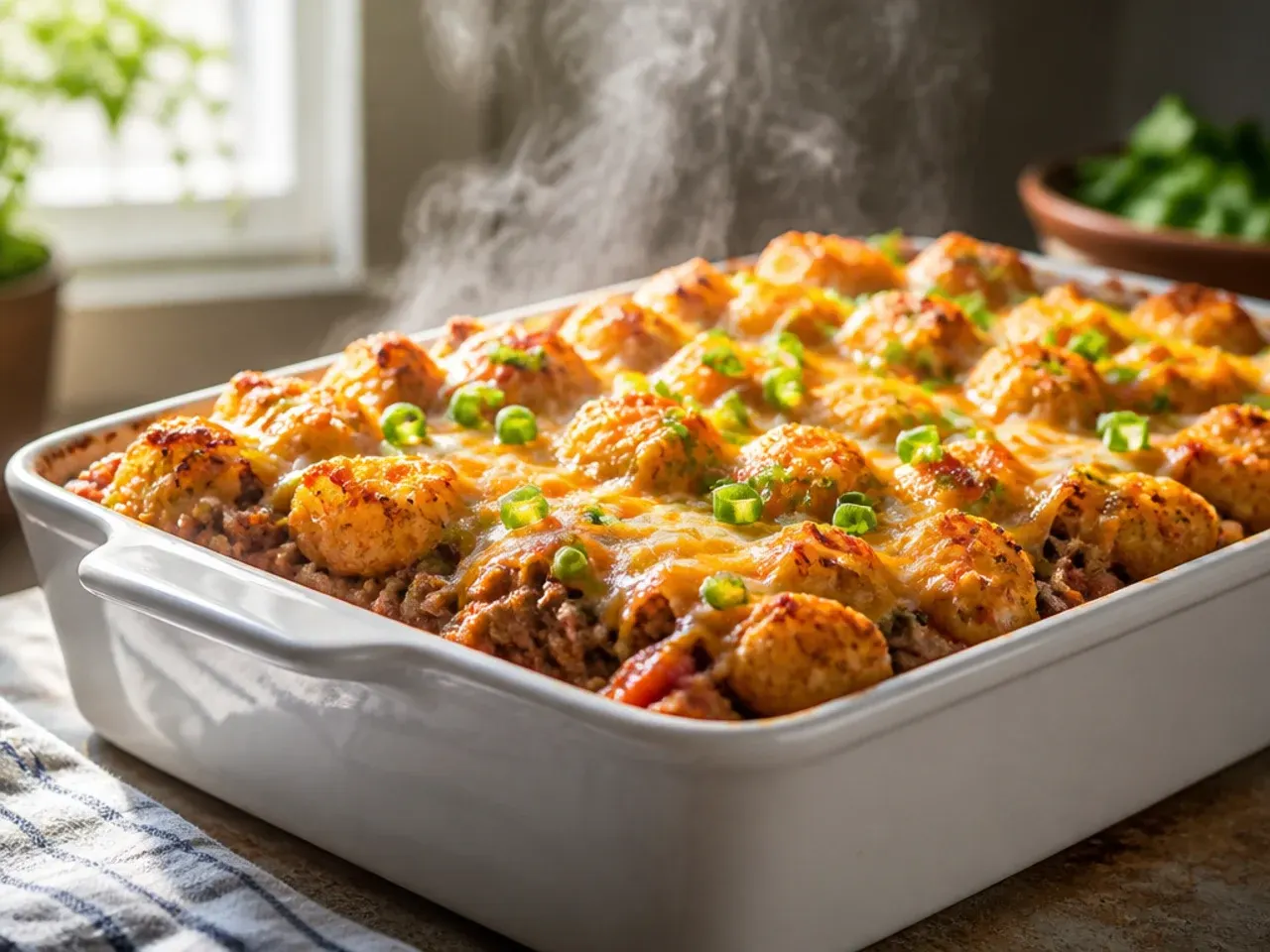Family-size taco tater tot casserole cut into neat square portions on a plate