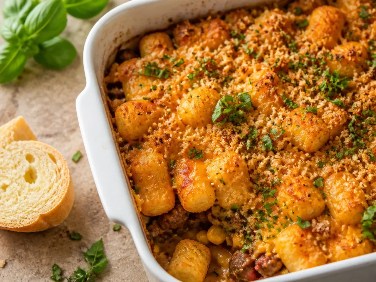 Best-ever taco tater tot casserole with tater tots arranged in neat, evenly golden rows