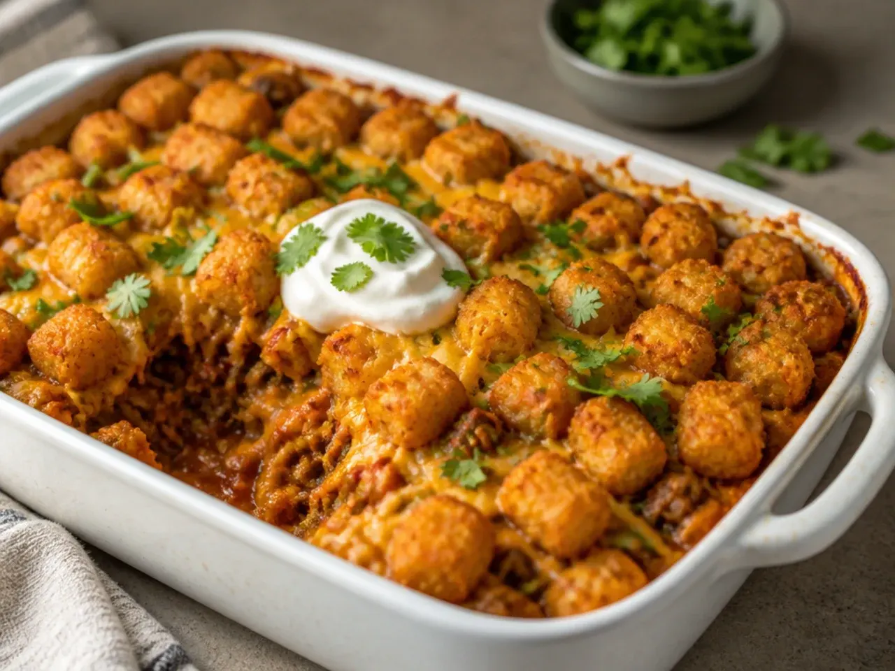 One-pot taco tater tot casserole baked directly in the same skillet used to brown the beef