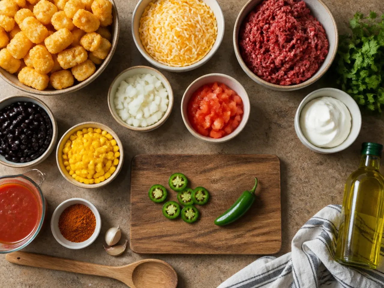 Close-up of crispy golden tater tots on top of a finished taco casserole