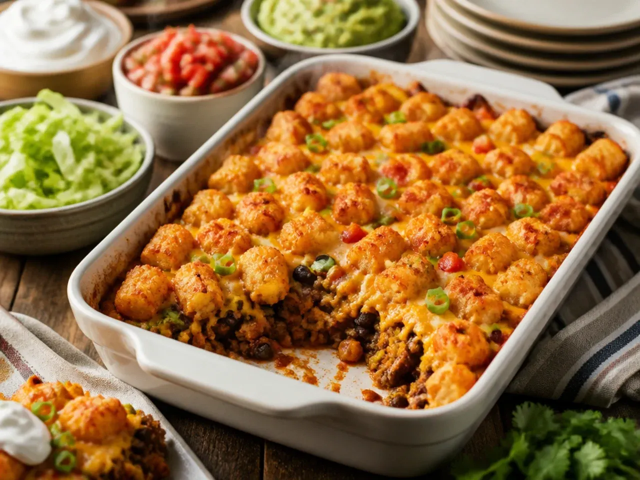 Plated serving of taco tater tot casserole with a side salad, avocado and pico de gallo