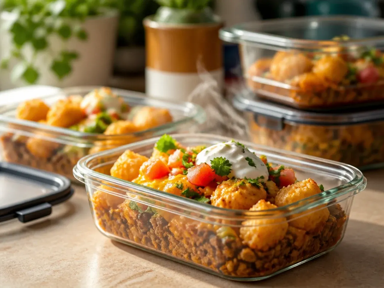 Airtight container of leftover taco tater tot casserole portions ready for the fridge or freezer