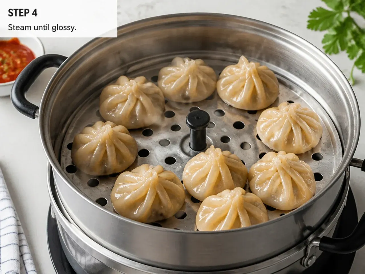 tandoori momos recipe — step 4: steam until glossy