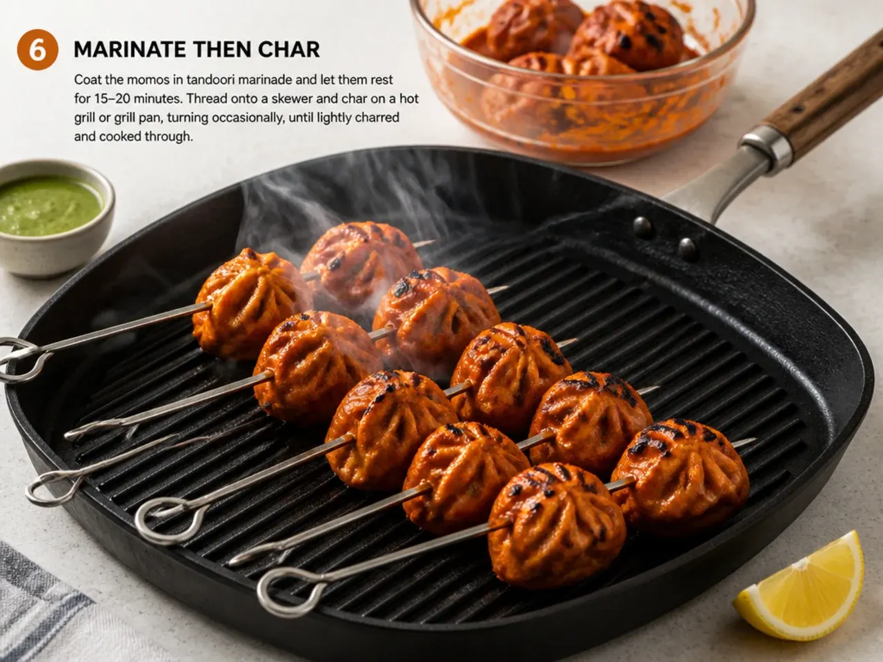 tandoori momos recipe — step 6: marinate then char