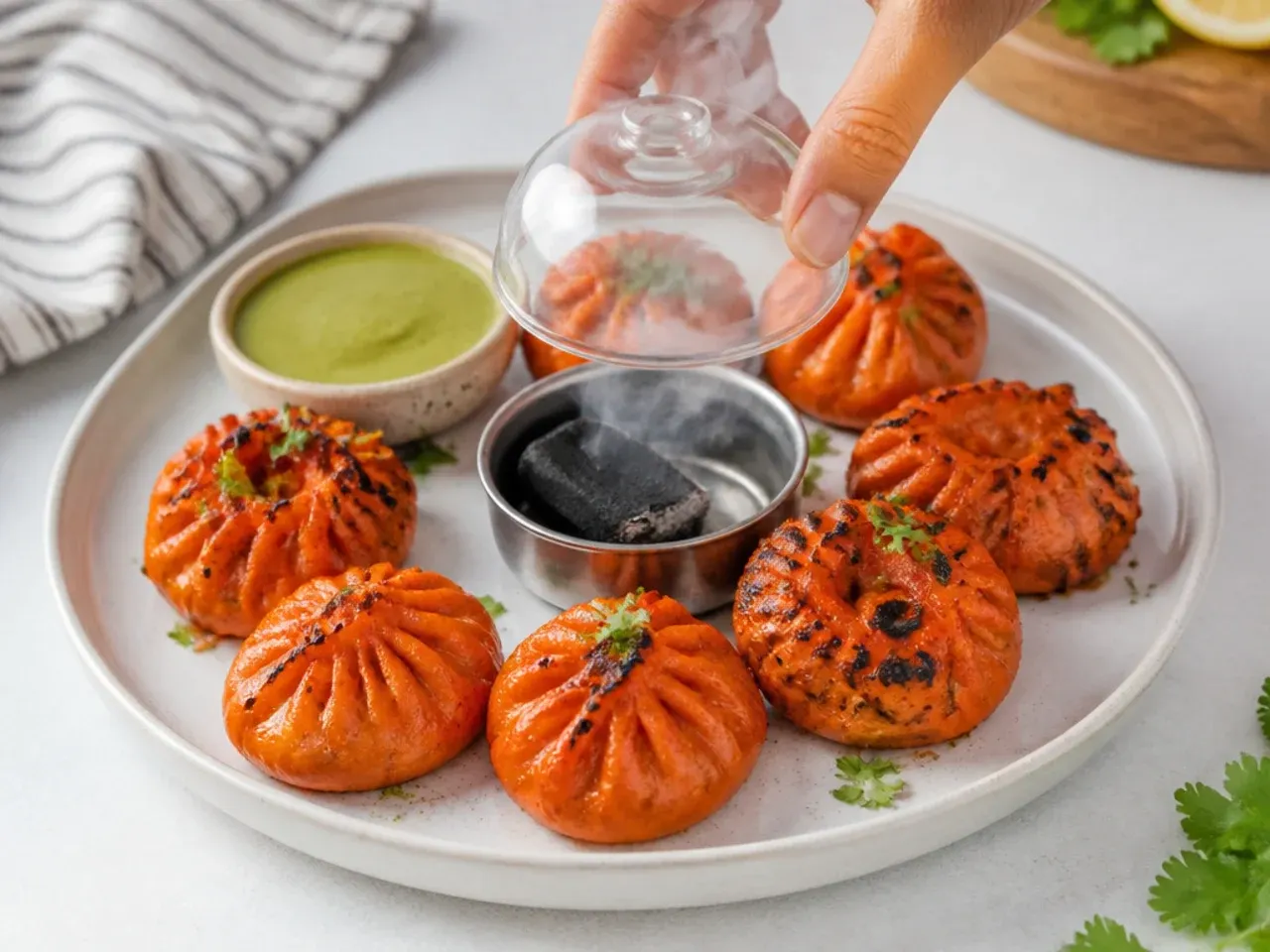 tandoori momos recipe — step 7: smoke, garnish, and serve