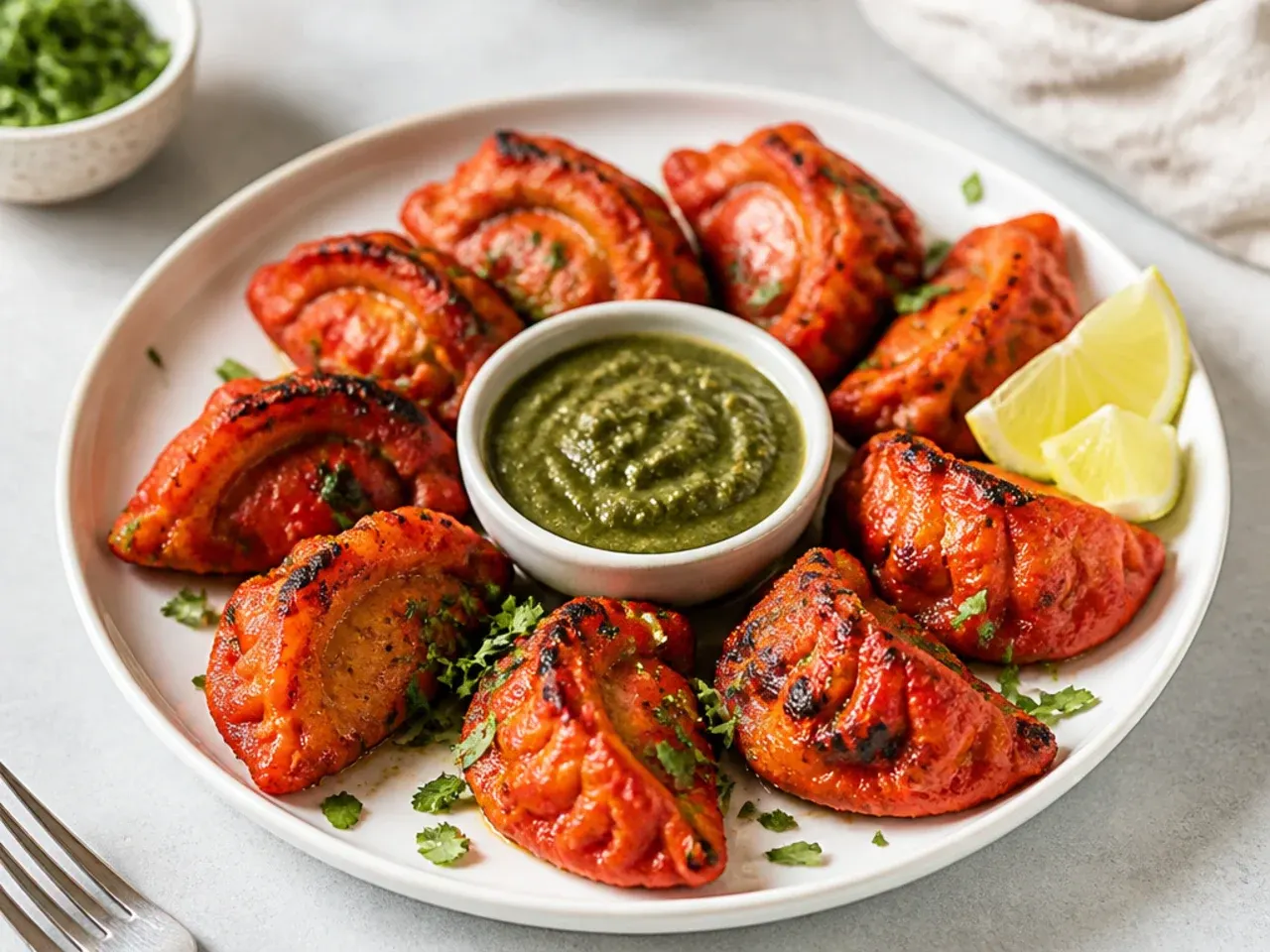 Plate of red charred tandoori momos recipe with mint chutney and lemon