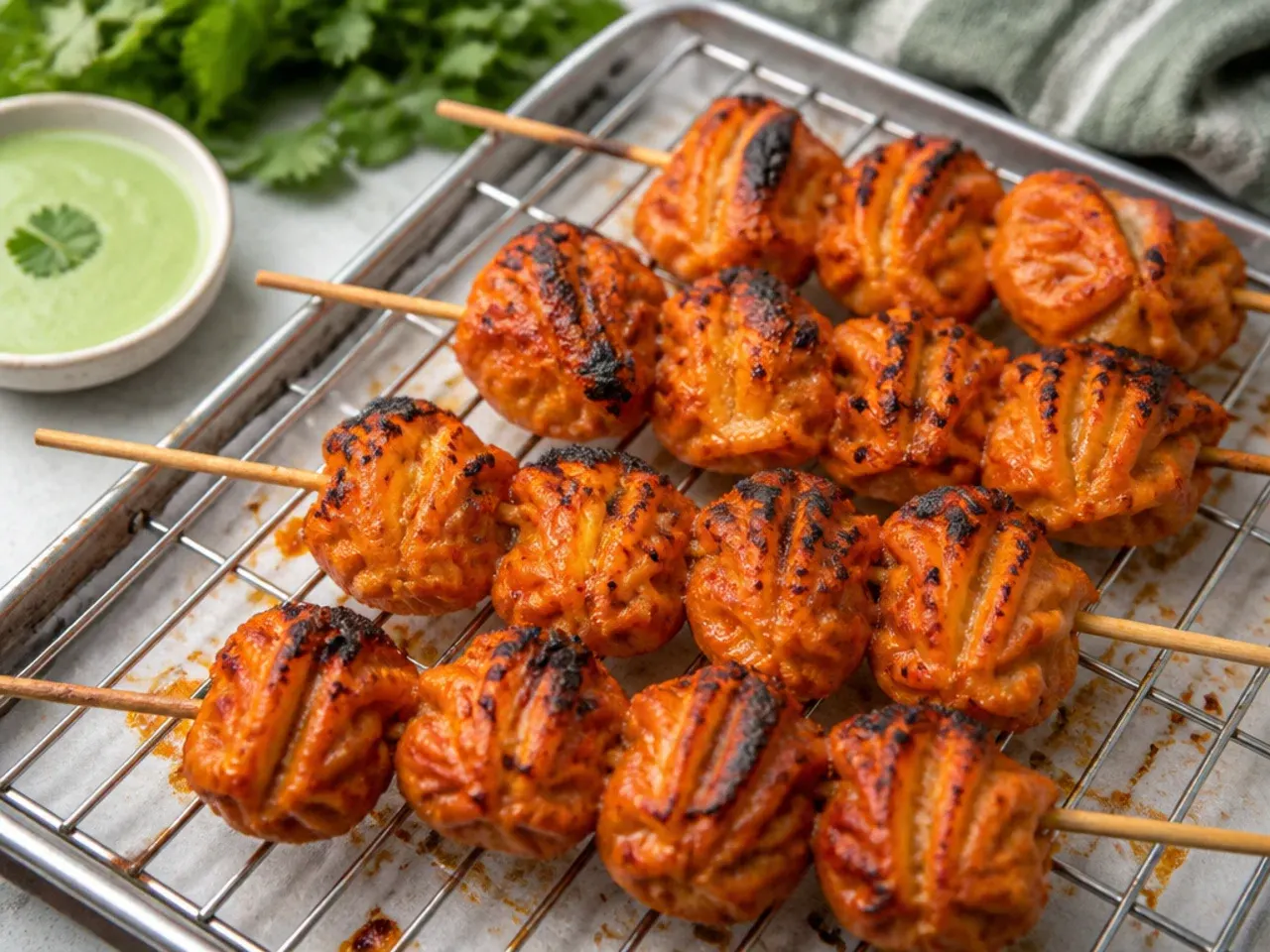 Classic tandoori momos recipe skewered and charred on a baking rack