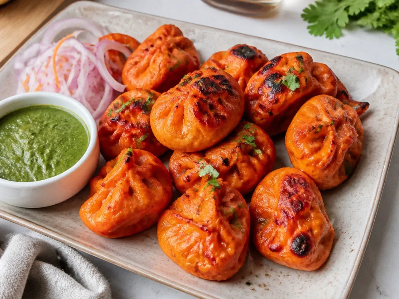 Easy tandoori momos recipe made fast from frozen momos on a tawa