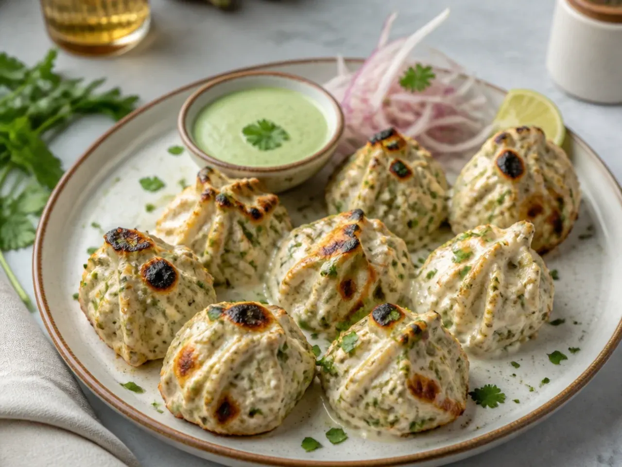Elegant creamy malai tandoori momos recipe plated for a dinner party
